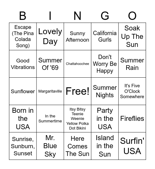 Warmer Weather Bingo Card