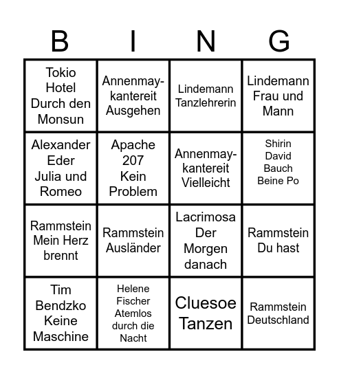 Deutsche Lieder Bingo Card