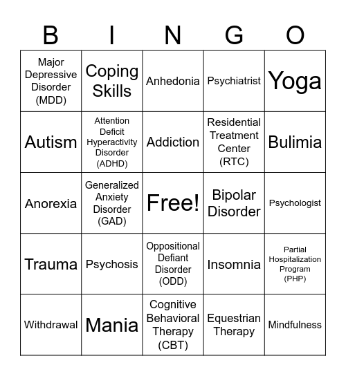 Psychoeducation Bingo Card