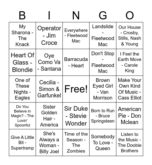 70's Music Bingo Card