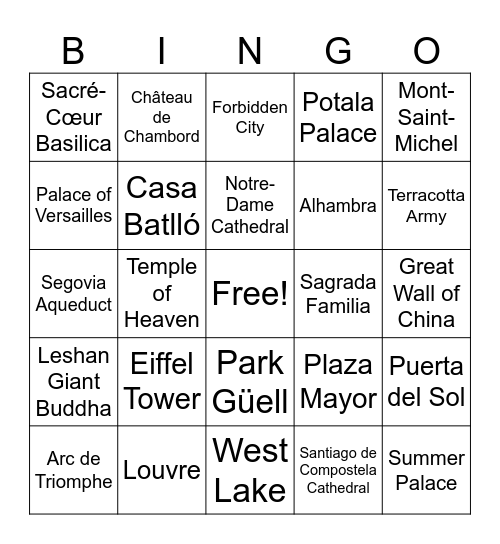Famous Landmarks of France, Spain & China Bingo Card