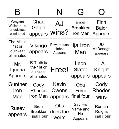 Men's Royal Rumble 2026 Bingo Card