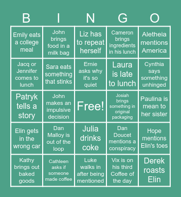 Lunch time BINGO Card