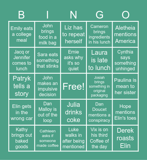 Lunch time BINGO Card