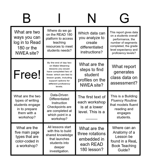 READ 180/NWEA Bingo Card