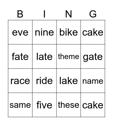 Long Vowel Silent E review Bingo Card