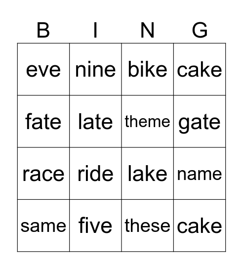 Long Vowel Silent E review Bingo Card