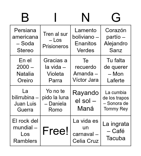 Bingo Musical Bingo Card