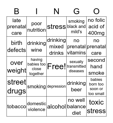 Infant Mortality Bingo Card