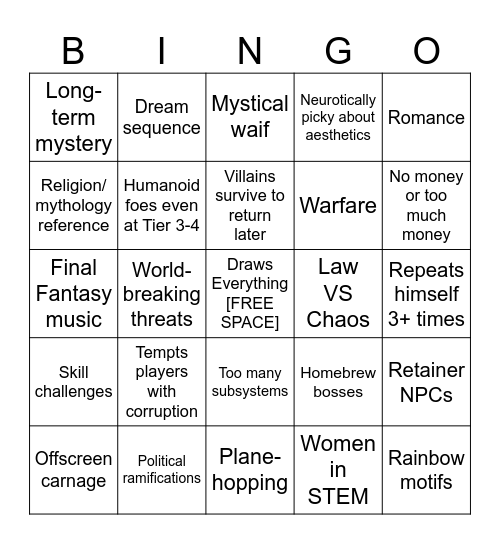 Jon's Campaigns Bingo Card