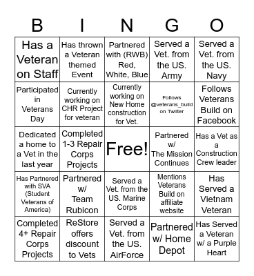 VETERANS BUILD BINGO Card