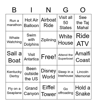 Adventurous/Travel Bucket List Bingo Card