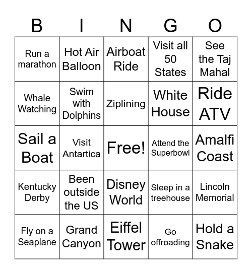 Adventurous/Travel Bucket List Bingo Card