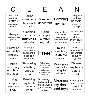 Hygiene: My Responsiblity Bingo Card