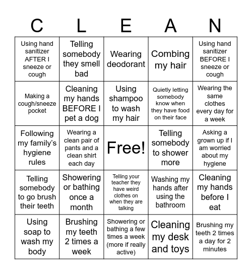Hygiene: My Responsiblity Bingo Card