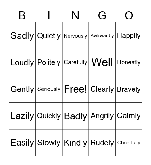 Adverbs Bingo Card