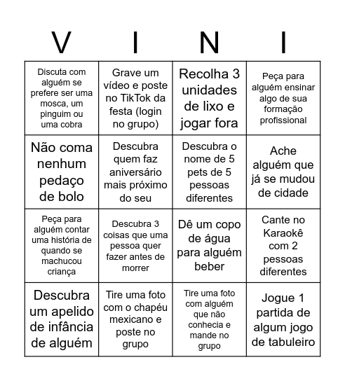 Aniversário vinin Bingo Card