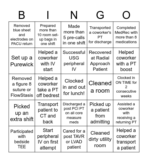 Cath Lab Holding BONUS Bingo Card