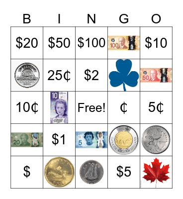 Canadian Money Bingo Card