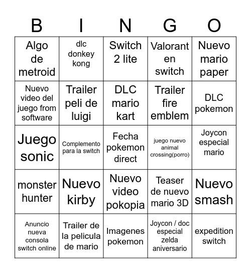 Nintendo Direct Bingo Card
