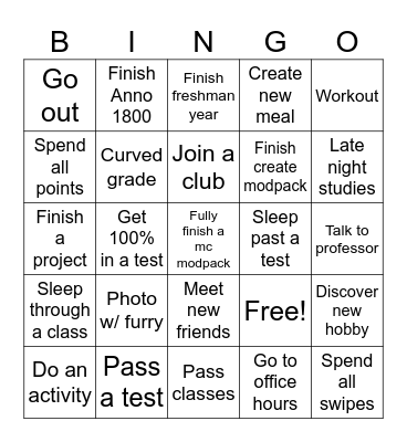 Freshman College bingo Card