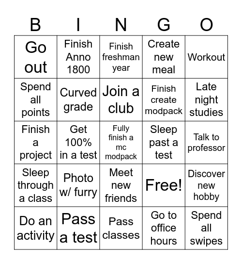 Freshman College bingo Card