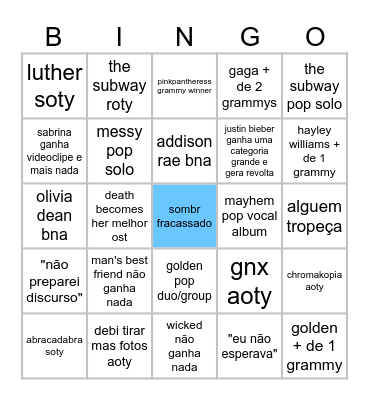 GRAMMY 2026 Bingo Card