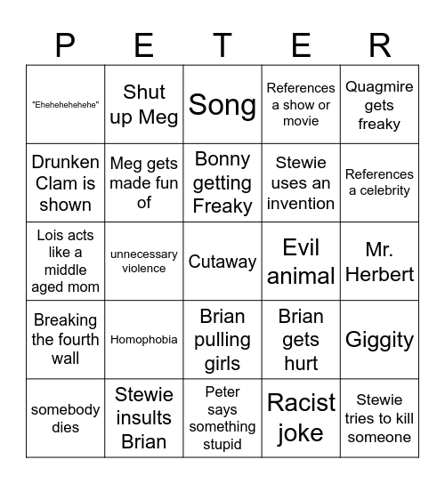 Family Guy Bingo Card