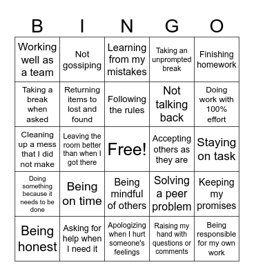 School Day Bingo Card