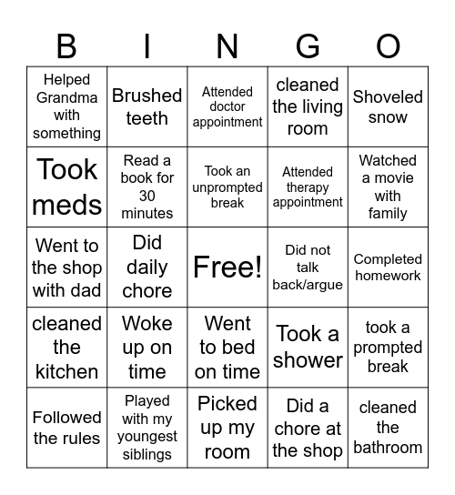 Routine Bingo Card