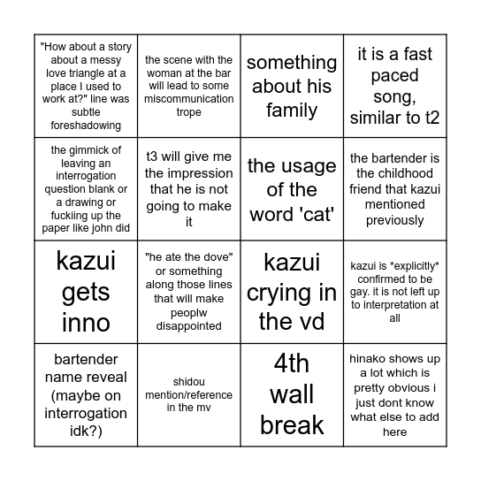 kazui t3 bingo Card