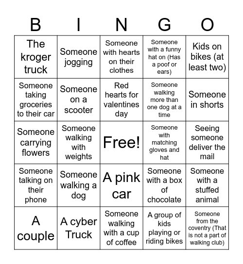 Walking Club Bingo Feb 2026 Bingo Card