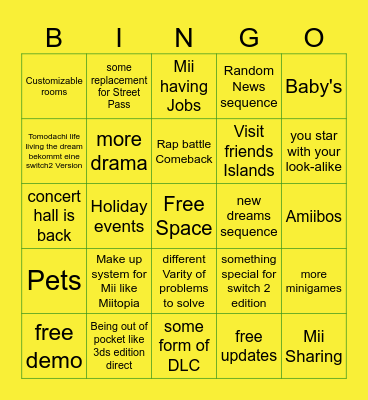 Tomodachi life direct Bingo Card