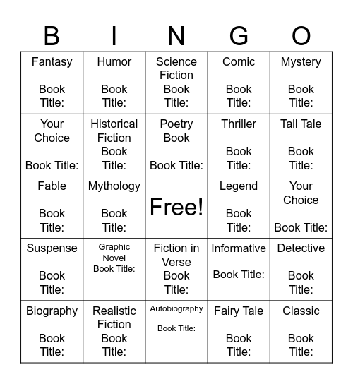 Book Genre Bingo Card
