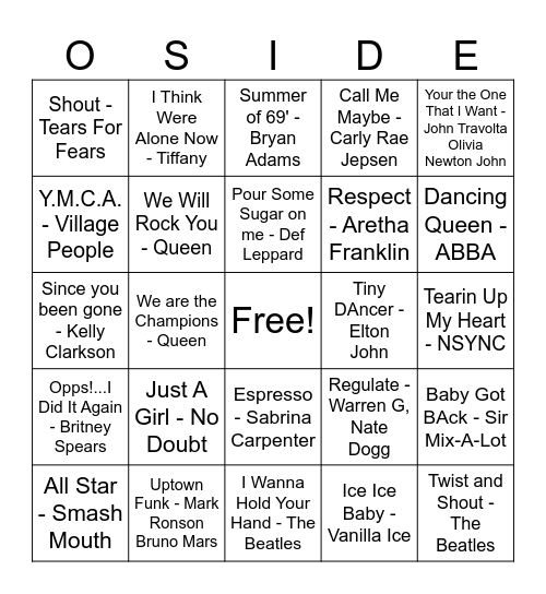 Sing Along Bingo Card