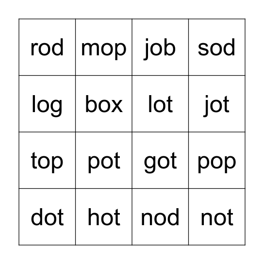 2.4 Short O Bingo Card