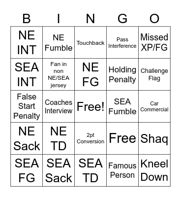 Super Bowl Bingo Card
