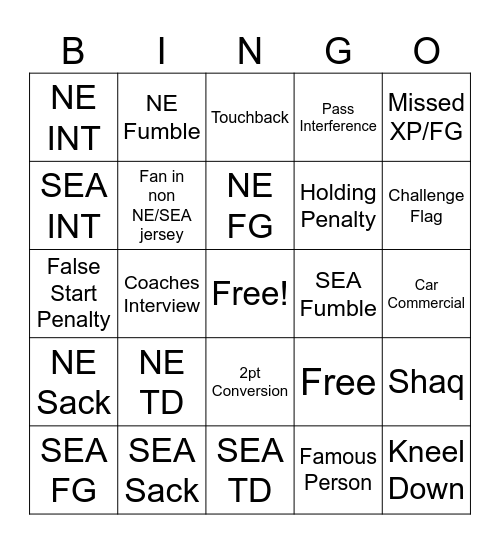 Super Bowl Bingo Card