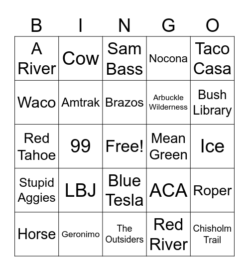 Lopsahoma Road Trip Bingo Card
