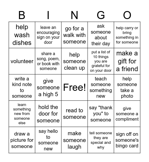 Kindness Bingo Card