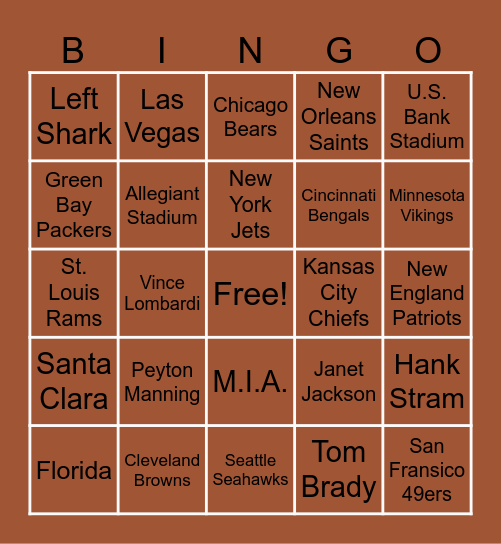 Superbowl Bingo Card