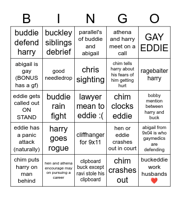 9-1-1 9x10 Bingo Card