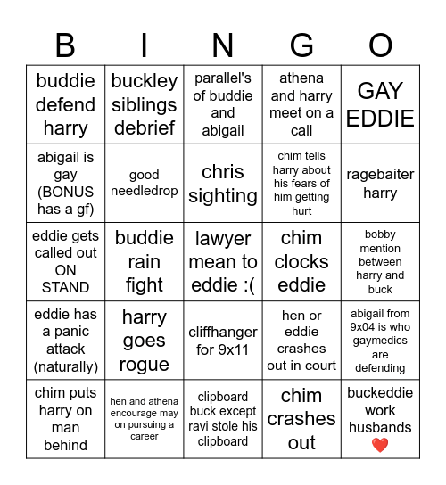 9-1-1 9x10 Bingo Card
