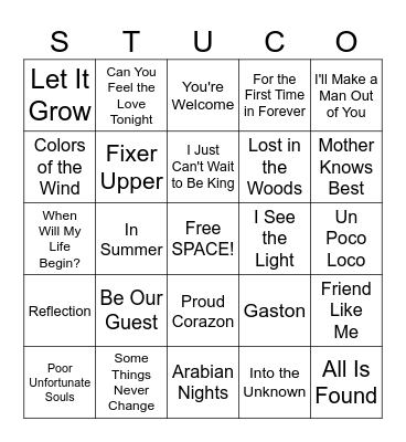 (10) StuCo Music Bingo: Disney Songs Bingo Card