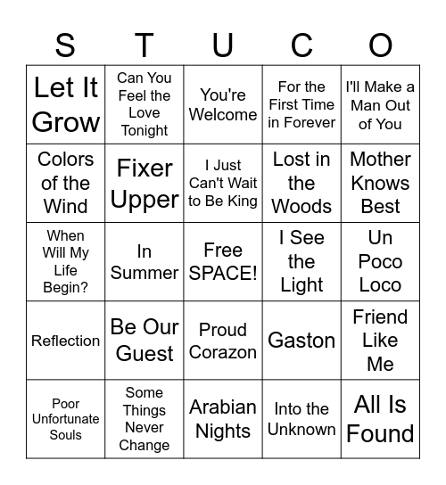 (10) StuCo Music Bingo: Disney Songs Bingo Card