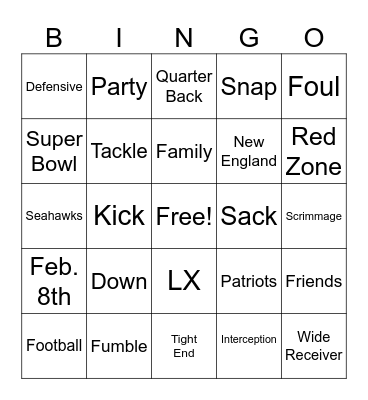 Super Bowl Bingo Card