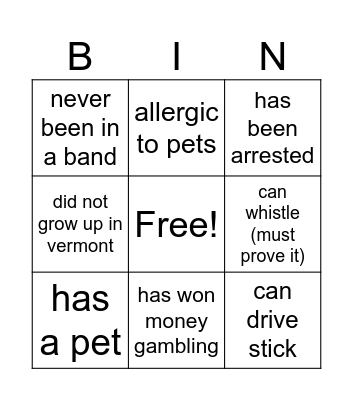 human bingo Card