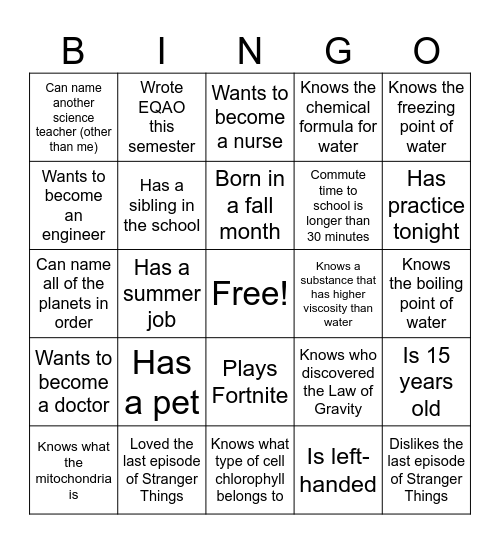 Grade 9 Science BINGO (ice breaker) Bingo Card