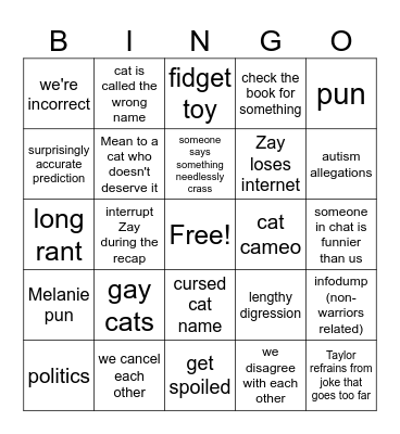 Warrior Chats Bingo Card