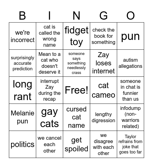 Warrior Chats Bingo Card